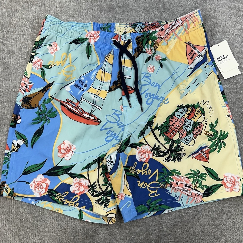 OLD NAVY Men's Swim Trucks Shorts 7" Inseam Sailboats Bon Voyage Tropical MEDIUM